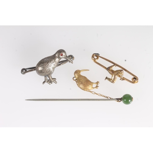 755 - Small 9ct gold brooch, 1.1g, yellow metal drop pin and a silver pink stone set bird brooch.