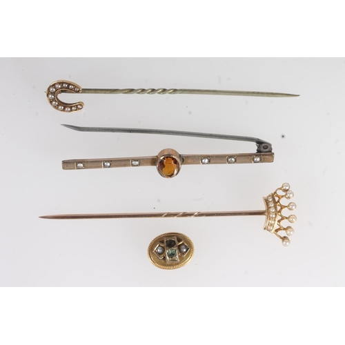 760 - Gold pearl set stick pin, another similar, a 9ct gold pearl and citrine set brooch and a Victorian g... 