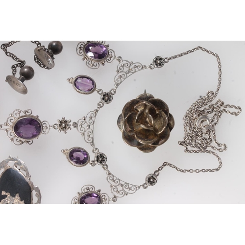 762 - Silver jewellery to include brooches, an Art Deco style ring, an amethyst necklace, a Dumfries &... 