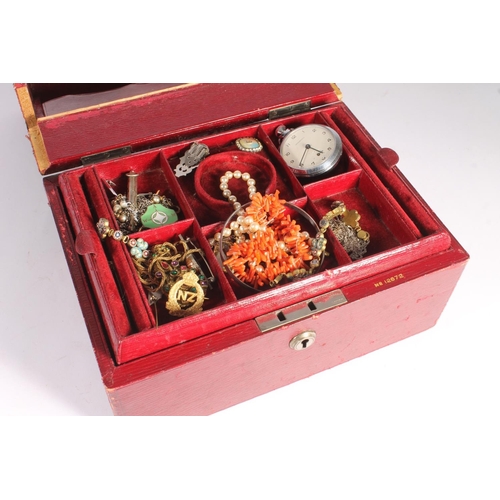 764 - Antique leather jewellery box containing costume jewellery to include necklaces, a pencil, a micro-m... 