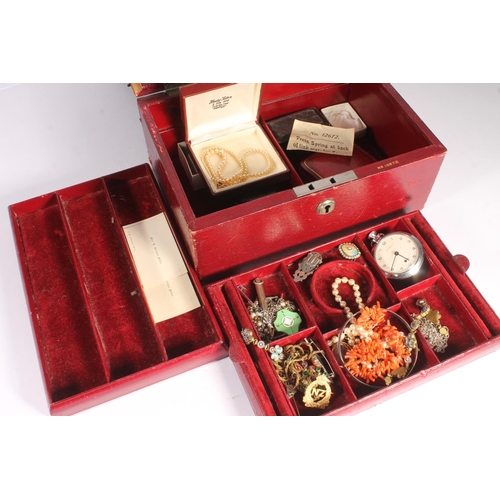 764 - Antique leather jewellery box containing costume jewellery to include necklaces, a pencil, a micro-m... 