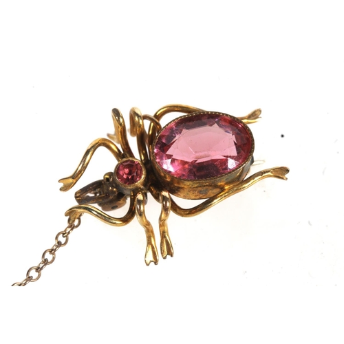 769 - Victorian yellow metal pearl and green stone crescent moon brooch, 4.9g and a pink stone set spider ... 