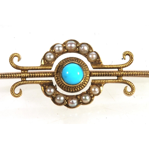 771 - Antique gold turquoise stone and pearl set ring and a similar brooch, 6.3g gross.