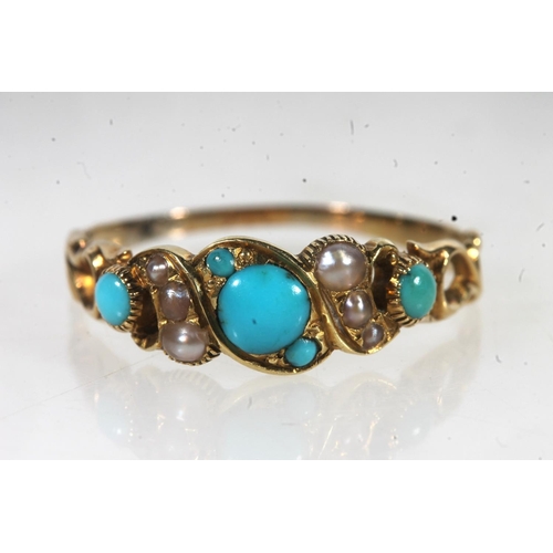 771 - Antique gold turquoise stone and pearl set ring and a similar brooch, 6.3g gross.