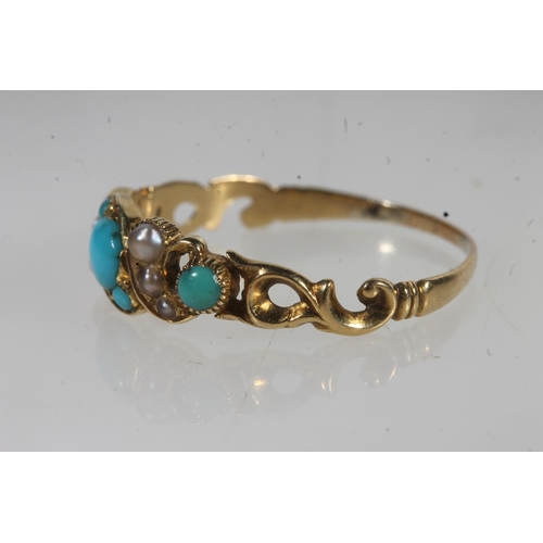 771 - Antique gold turquoise stone and pearl set ring and a similar brooch, 6.3g gross.