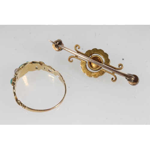 771 - Antique gold turquoise stone and pearl set ring and a similar brooch, 6.3g gross.