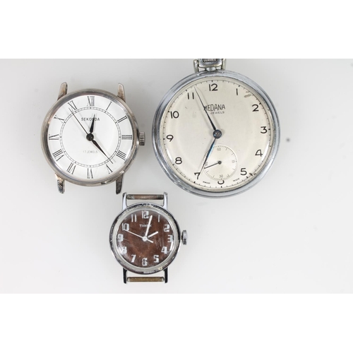 774 - Gun metal pocket watch, Medana pocket watch, Sekonda wristwatch and another.