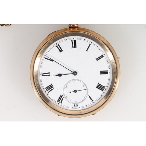 776 - Gold plated open faced pocket watch with modern albert chain.