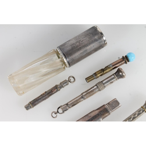 848 - Collection of silver and other pencils, one with applied gold motifs and a silver topped scent bottl... 