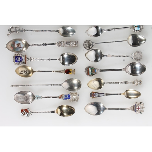 856 - Large collection of mainly silver souvenir spoons and some silver plated examples, 228g of silver.