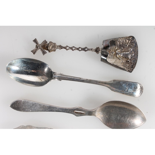 858 - Dutch white metal spoon, two sterling silver spoons, silver butter knife, pin etc.