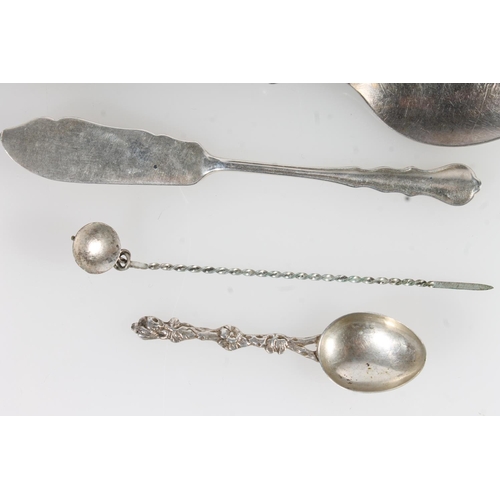 858 - Dutch white metal spoon, two sterling silver spoons, silver butter knife, pin etc.