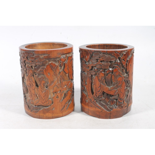 21 - Pair of Chinese carved bamboo brush pots.