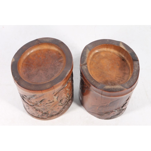 21 - Pair of Chinese carved bamboo brush pots.