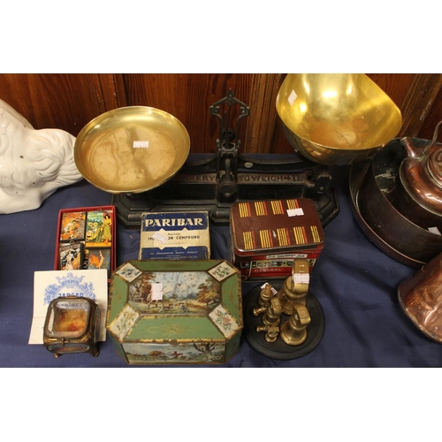 28 - Avery kitchen scales and weights, a bevelled glass jewellery casket. etc.