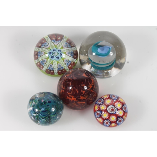 32 - Millefiori Art Glass paperweight and four other Art Glass paperweights.