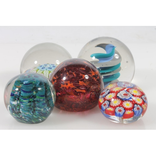 32 - Millefiori Art Glass paperweight and four other Art Glass paperweights.