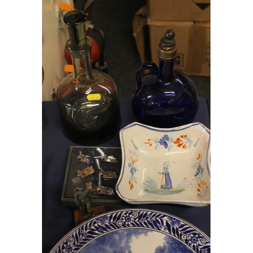 40 - Scandinavian smoky glass decanter, Dutch Delft plates, a Quimper bowl, etc.