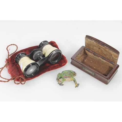 48 - Late 19th century wooden snuff box, an Austrian painted lead model of a frog, and a pair of opera gl... 