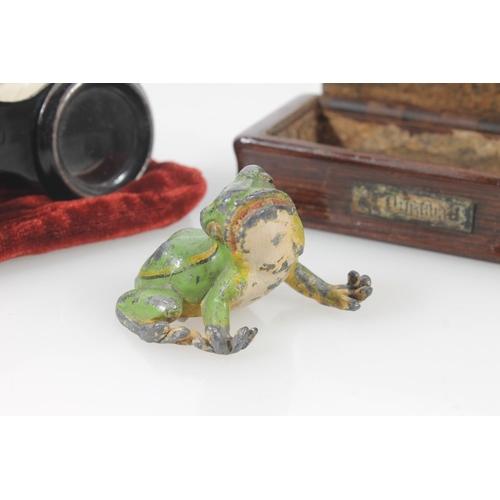 48 - Late 19th century wooden snuff box, an Austrian painted lead model of a frog, and a pair of opera gl... 