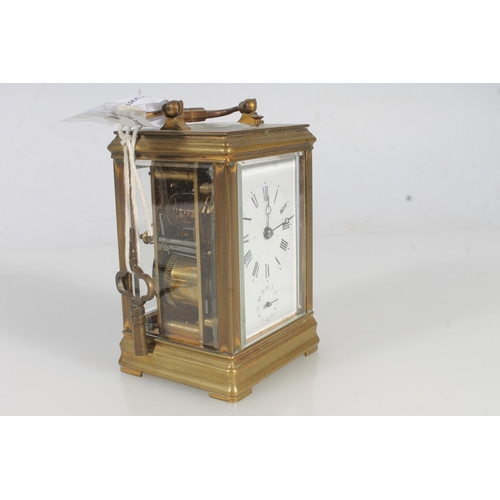 7 - French repeater movement brass carriage clock, with subsidiary seconds dial, movement to the back ma... 