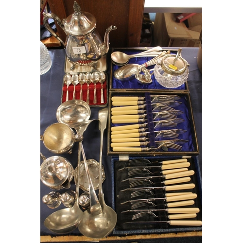 70 - Silver-plated ware to include cutlery sets, ladles, etc.