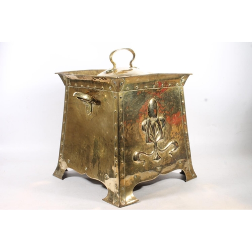 72 - Arts & Crafts style planished brass coal bucket.