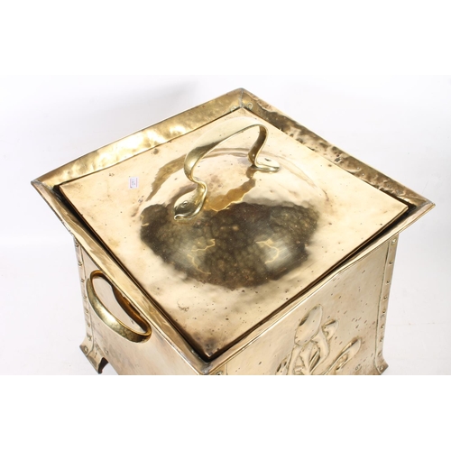 72 - Arts & Crafts style planished brass coal bucket.