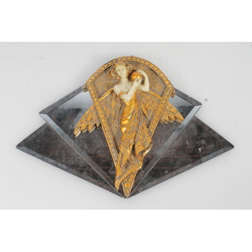 79 - 20th century Art Deco gilt mirror with central figurine of a winged maiden.