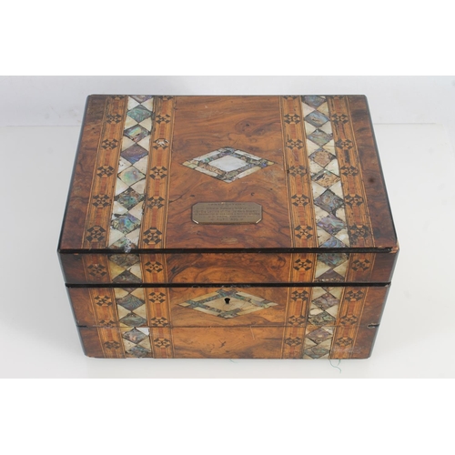 8 - Victorian walnut and mother-of-pearl workbox, 30cm wide.