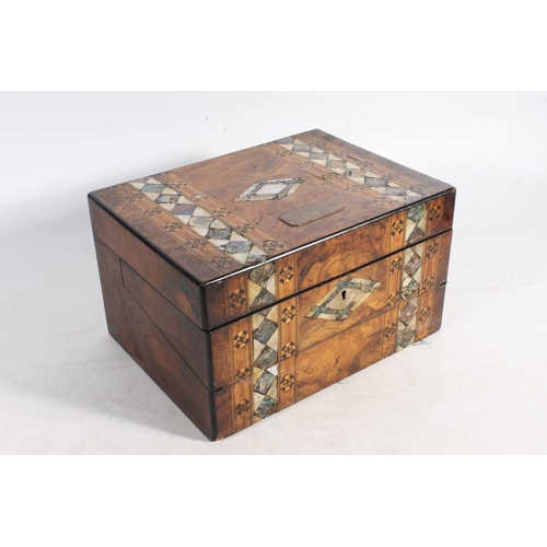 8 - Victorian walnut and mother-of-pearl workbox, 30cm wide.