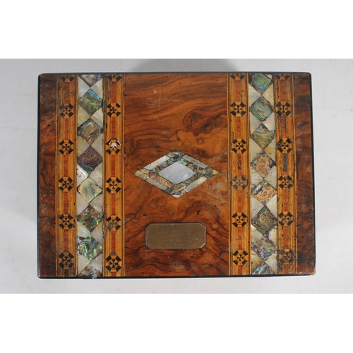 8 - Victorian walnut and mother-of-pearl workbox, 30cm wide.