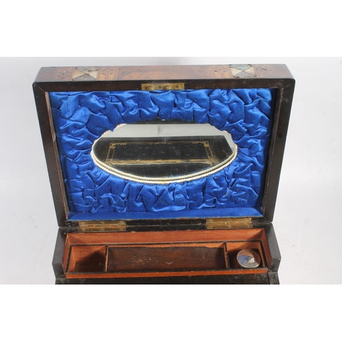 8 - Victorian walnut and mother-of-pearl workbox, 30cm wide.