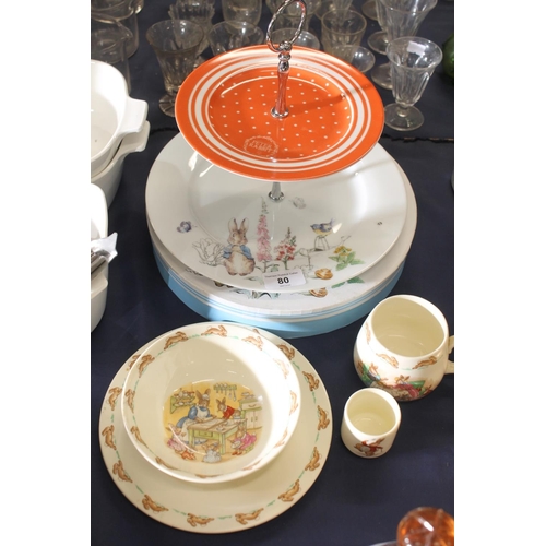 80 - Royal Doulton Bunnykins breakfast set, and a Beatrix Potter two tier cakestand, boxed.