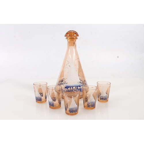 81 - Continental liqueur decanter and matching glasses decorated with yachts, largest 19cm high.