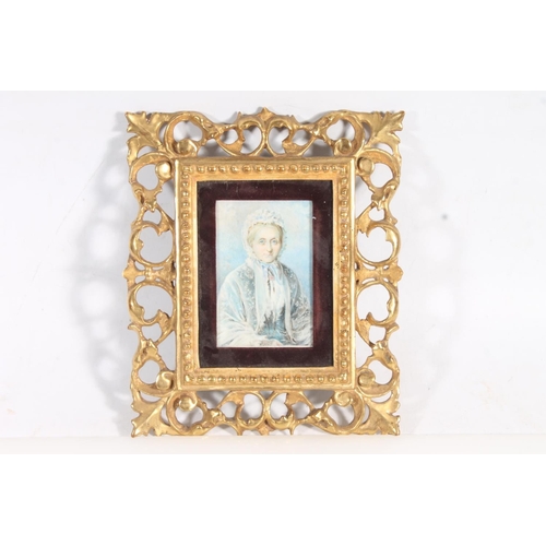 9 - Early 20th century watercolour miniature in gilt rococo style frame, 24cm x 21cm frame.