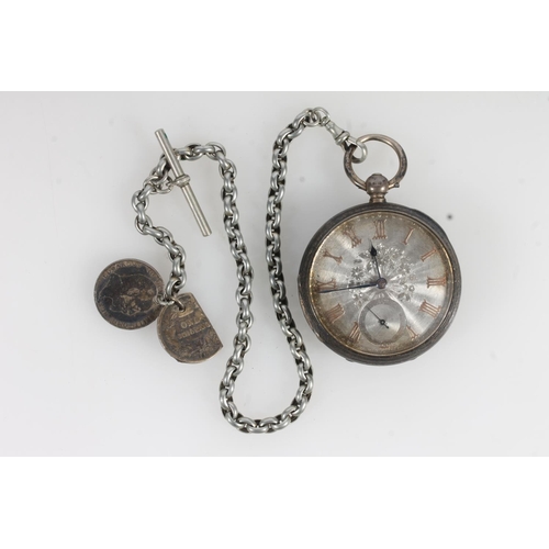 804 - Victorian silver cased open face key wind pocket watch with engraved dial, on white metal albert cha... 