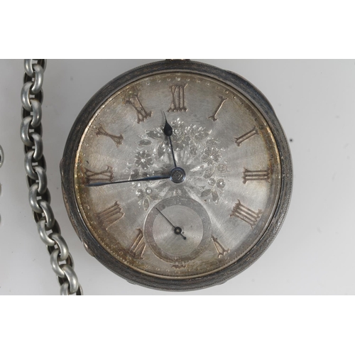 804 - Victorian silver cased open face key wind pocket watch with engraved dial, on white metal albert cha... 