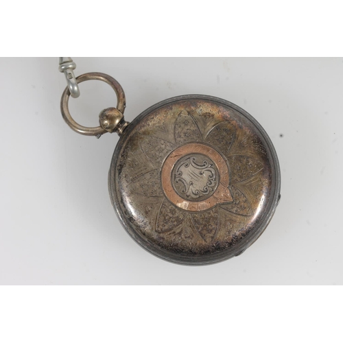 804 - Victorian silver cased open face key wind pocket watch with engraved dial, on white metal albert cha... 