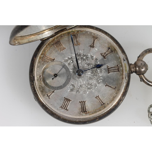 804 - Victorian silver cased open face key wind pocket watch with engraved dial, on white metal albert cha... 