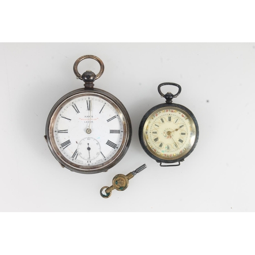 805 - Kay's perfection lever silver open faced pocket watch with white enamel dial and a continental silve... 