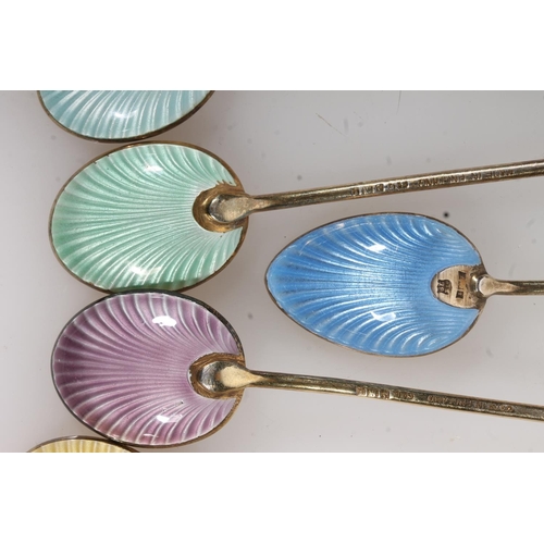 865 - Set of seven sterling silver and enamel backed coffee bean spoons, William Suckling, Birmingham, 59.... 