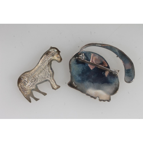 873 - Sterling silver cat brooch and a similar silver horse brooch.