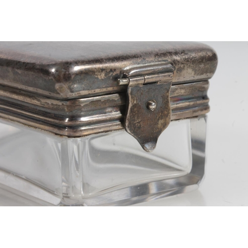 874 - Antique silver topped/lidded glass storage casket with pinned clasp. 