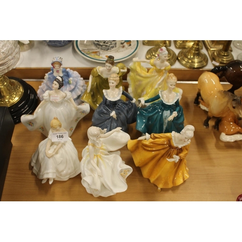 186 - Nine Royal Doulton figurines to include Sweet Seventeen, Kirsty, etc.