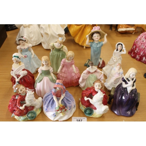 187 - Thirteen Royal Doulton figurines to include Home Again, Monica, etc.