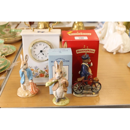 190 - Aynsley Cottage Garden carriage clock, a Beswick Peter and the Red Pocket Handkerchief and two other... 