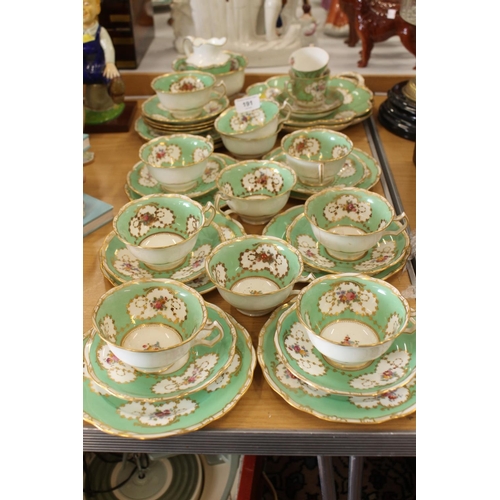 191 - George Jones Crescent China green and floral decorated teaset.