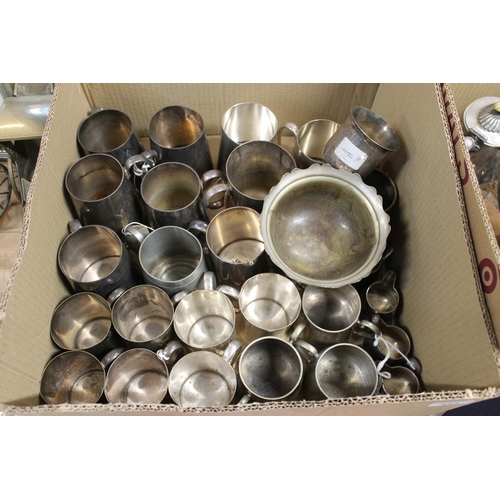 213 - Box containing silver-plated tankards, some with KOSB 2nd battalion crests by Mappin & Webb, oth... 