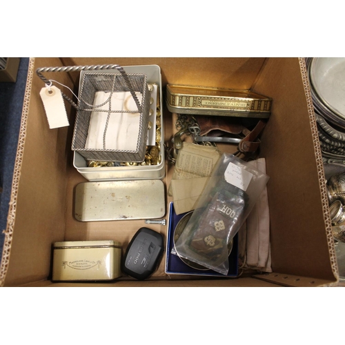 215 - Box containing military brass buttons, a pair of spurs, field dressings, epaulettes, a silver-plated... 